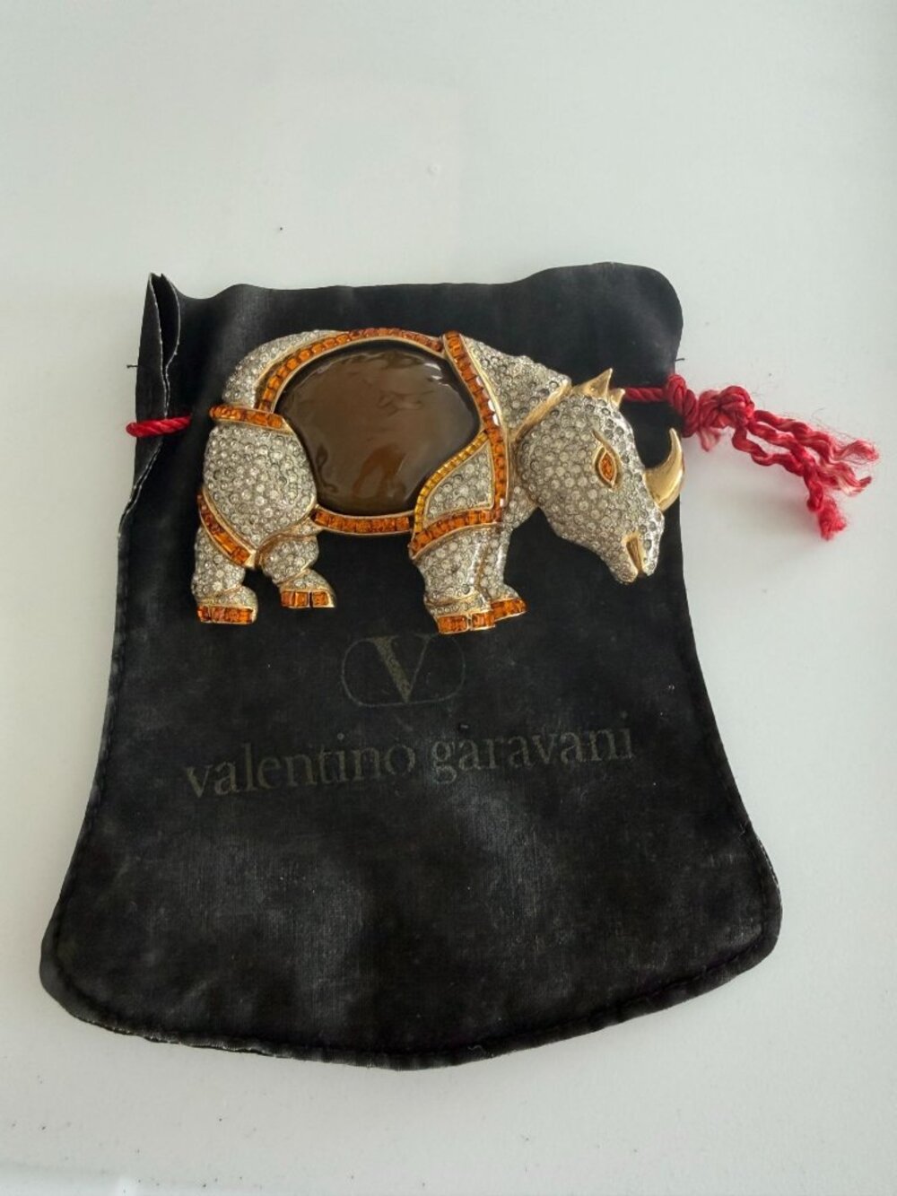 VALENTINO GARAVANI 19080's Jeweled Large Rhino Rhinoeceros Brooch Pin w/ Dustbag